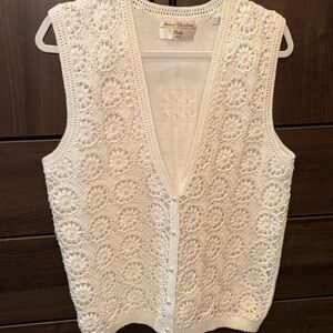 Marisa Christina Cream Crochet V-Neck Sweater Vest with Pearl Details